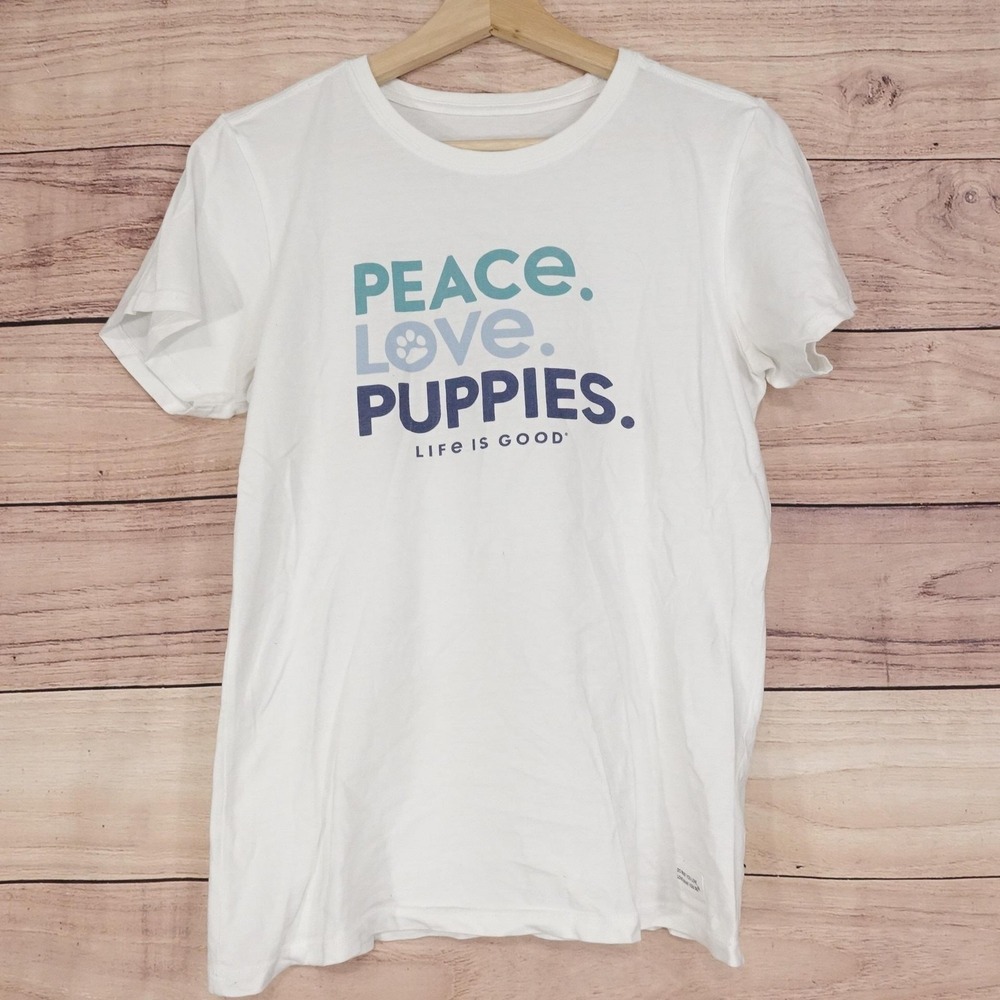 Life Is Good T-Shirt Peace Love Puppies Womens XS White Crew Neck S/S‎